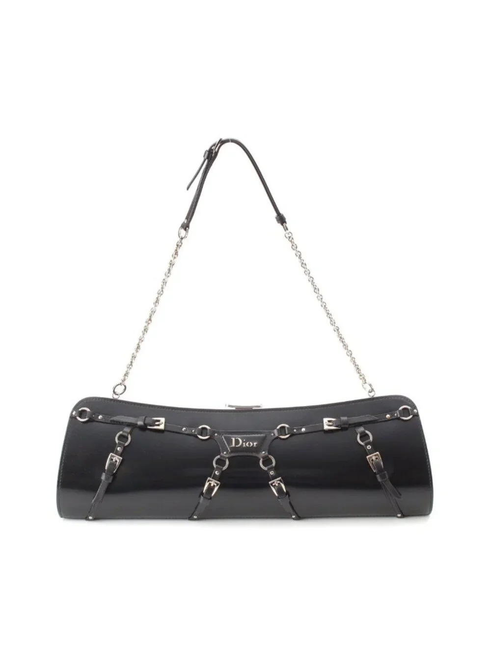Dior Galiano Era Leather Bondage Chain Shoulder Bag Black